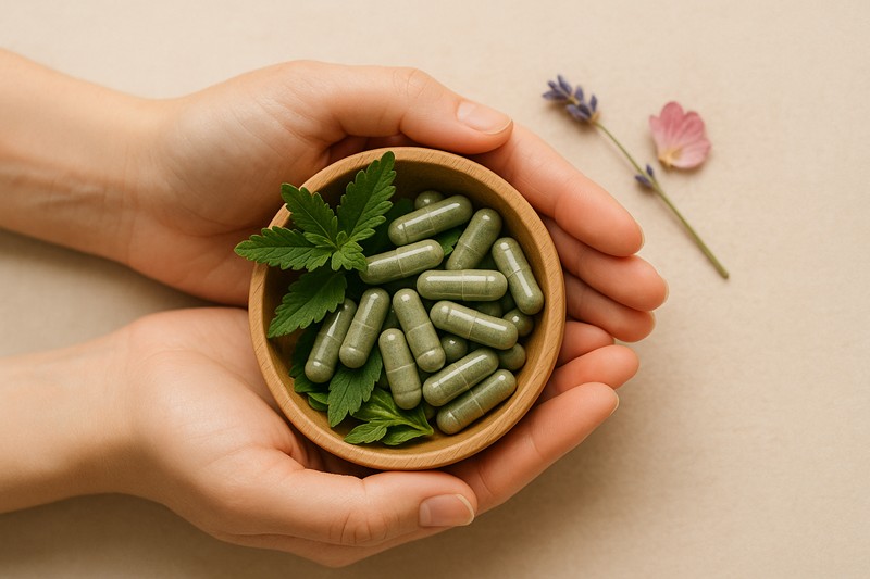 ידיים מחזיקות קערית עם קפסולות צמחי מרפא