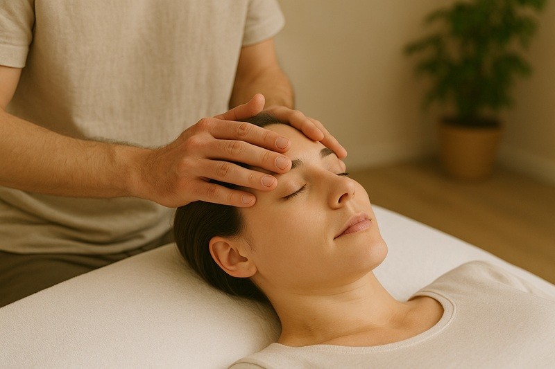 אישה שוכבת, עוצמת עיניים, ידיים של מטפל מונחות על הראש שלה